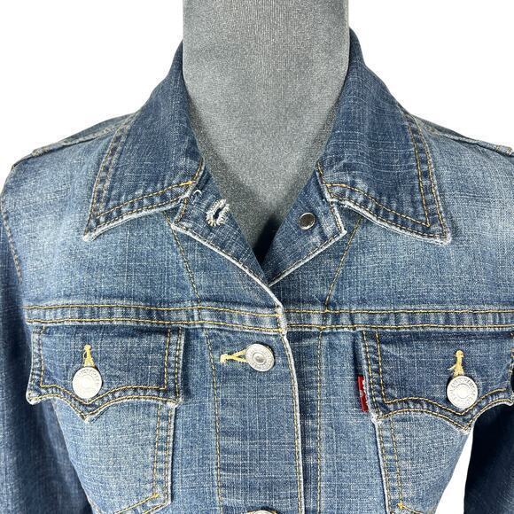 Levi's Y2K Trucker Jean Jacket Juniors XS Fitted Faded Stretch Denim Western VTG - Picture 6 of 15